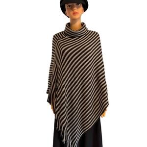 Marc New York Gray Black Striped Poncho with Fringe, Women's One Size